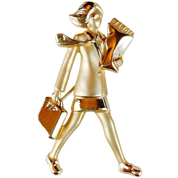 Vintage Signed AJC 1980s Career Woman Figural Brooch Gold Tone Novelty Humor Pin - Picture 1 of 9
